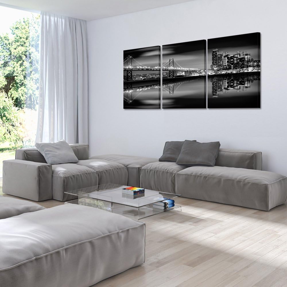 KREATIVE ARTS - San Francisco Bay at Night in Black and White Bridge 3 Panels Modern Landscape