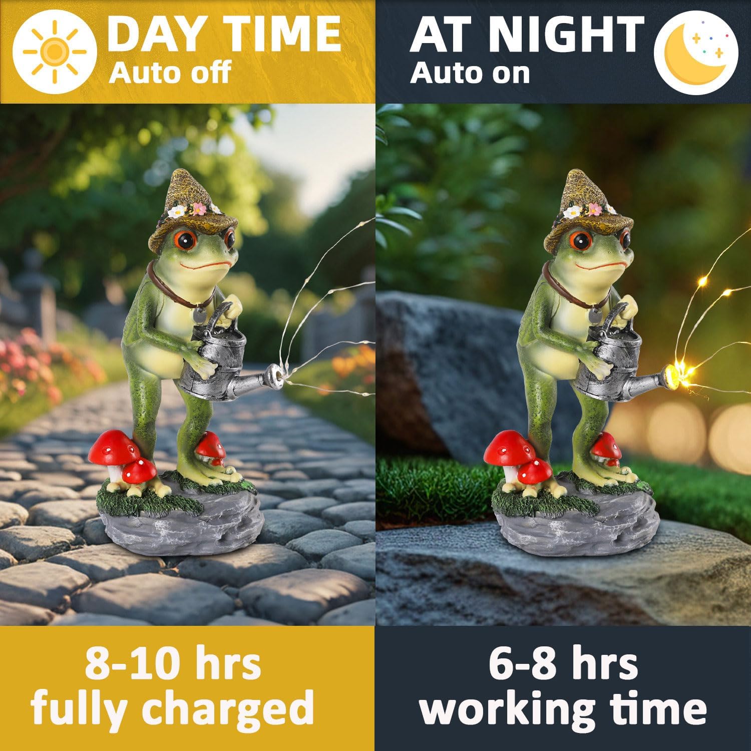 Solar Frog Statue for Garden with Watering Can Light 8.8" Resin Frog Figurine Outdoor Patio Porch