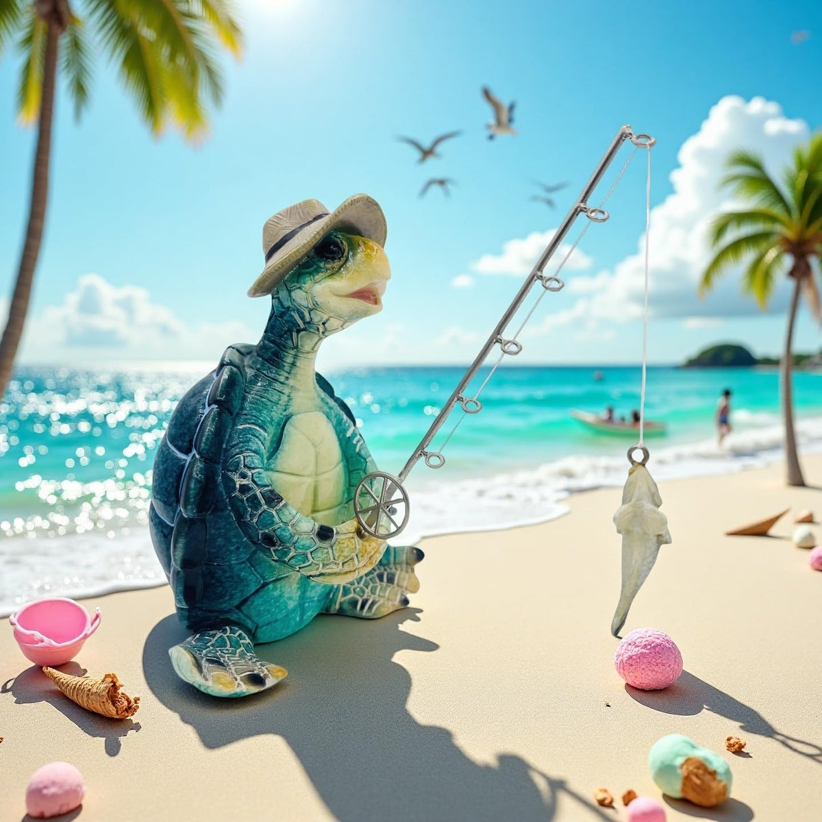 Turtle Fishing Decor, Summer Garden Statues, Nautical Coastal Beach Decorations, Home Office Decor