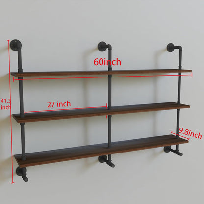 ROGMARS Industrial Pipe Wall Shelves Pipe Shelving,Natural Wood 60 Inches Long Walnut Floating