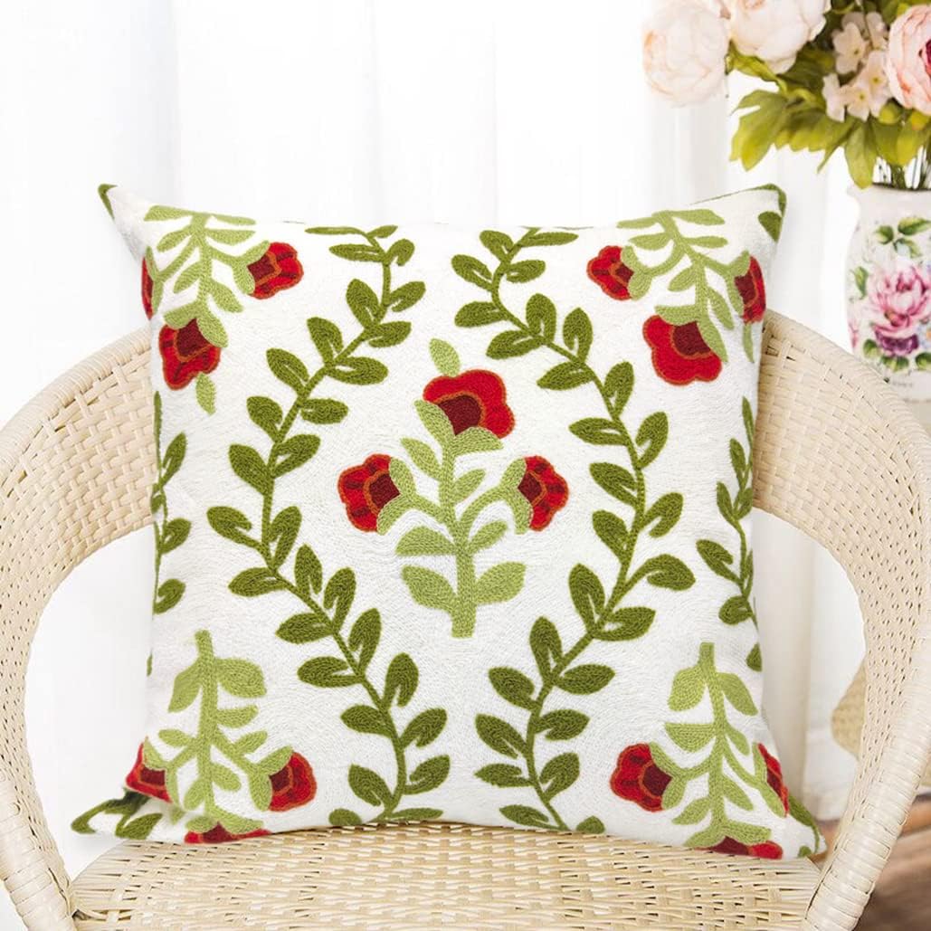 Alysheer Floral Embroidered Summer Decorative Throw Pillow Cover 18"x 18", Farmhouse Cottage Red