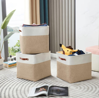 DECOMOMO 13 Inch Cube Storage Bins, Fabric Storage Cube, Basket for Kallax Shelves (Beige & White