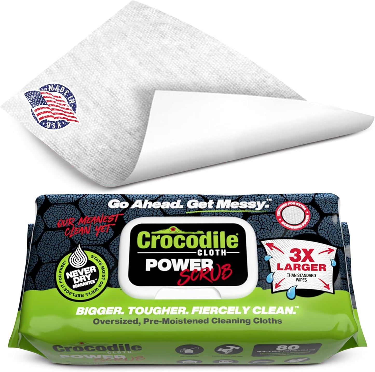 Crocodile Cloth PowerScrub - 80 Dual Surfaced Cloths, 10in X 15in. Large, Moist, Absorbent and