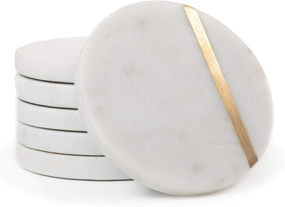 Cork & Mill Marble Coasters Set of 6 - Luxury Aesthetic Modern Decor for Coffee Table- White Marble