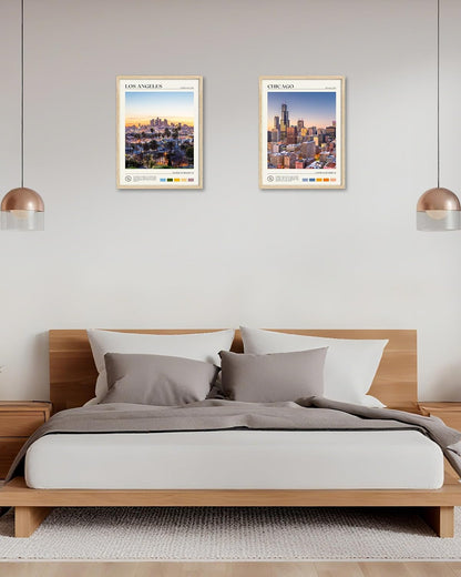 HesenDot Natural OAK Wood Los Angeles Cityscape Framed Wall Art,12x16in City Skyline Canvas Wall