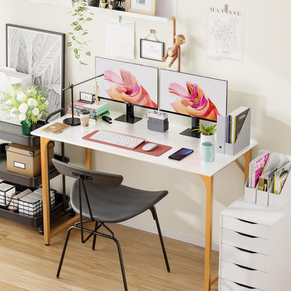 PayLessHere | 47 Inch Computer Desk | White Gold | Office Desk with Metal Frame, Adjustable Feet |