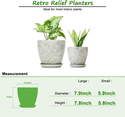 8 Inch + 6 Inch Retro Ceramic Planter Set of 2 with Drainage Hole and Saucer for Multiple Plants