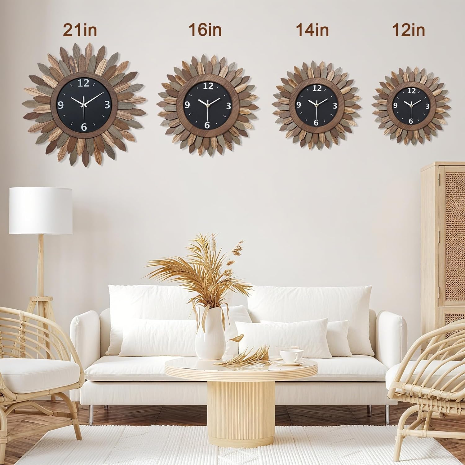 Honiway 14 Inch Wall Clock, Rustic Wood Boho Sunburst Decorative Wall Clocks Battery Operated