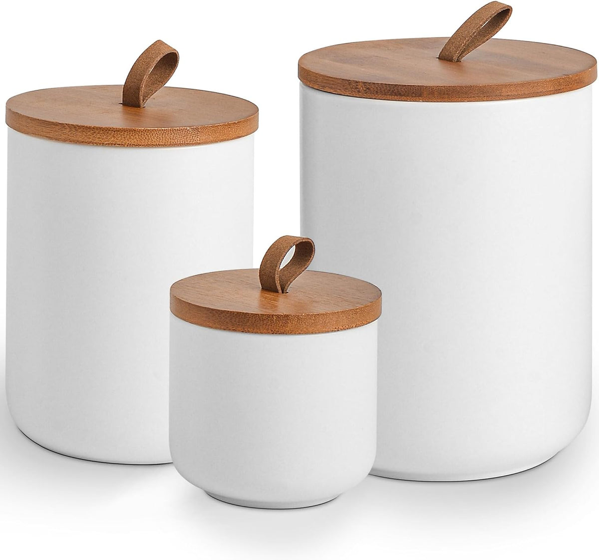 White Ceramic Canister Set with Bamboo Lids, 3-Piece Airtight Food Storage Jars for Kitchen