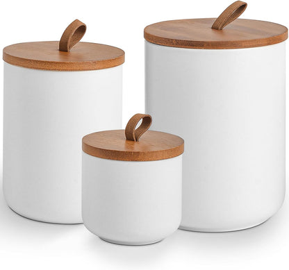 White Ceramic Canister Set with Bamboo Lids, 3-Piece Airtight Food Storage Jars for Kitchen
