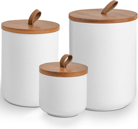 White Ceramic Canister Set with Bamboo Lids, 3-Piece Airtight Food Storage Jars for Kitchen