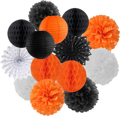 Black Orange White Halloween Party-Decorations - 14pc Kit Paper Lanterns Fan,Tissue Flower Pom Poms