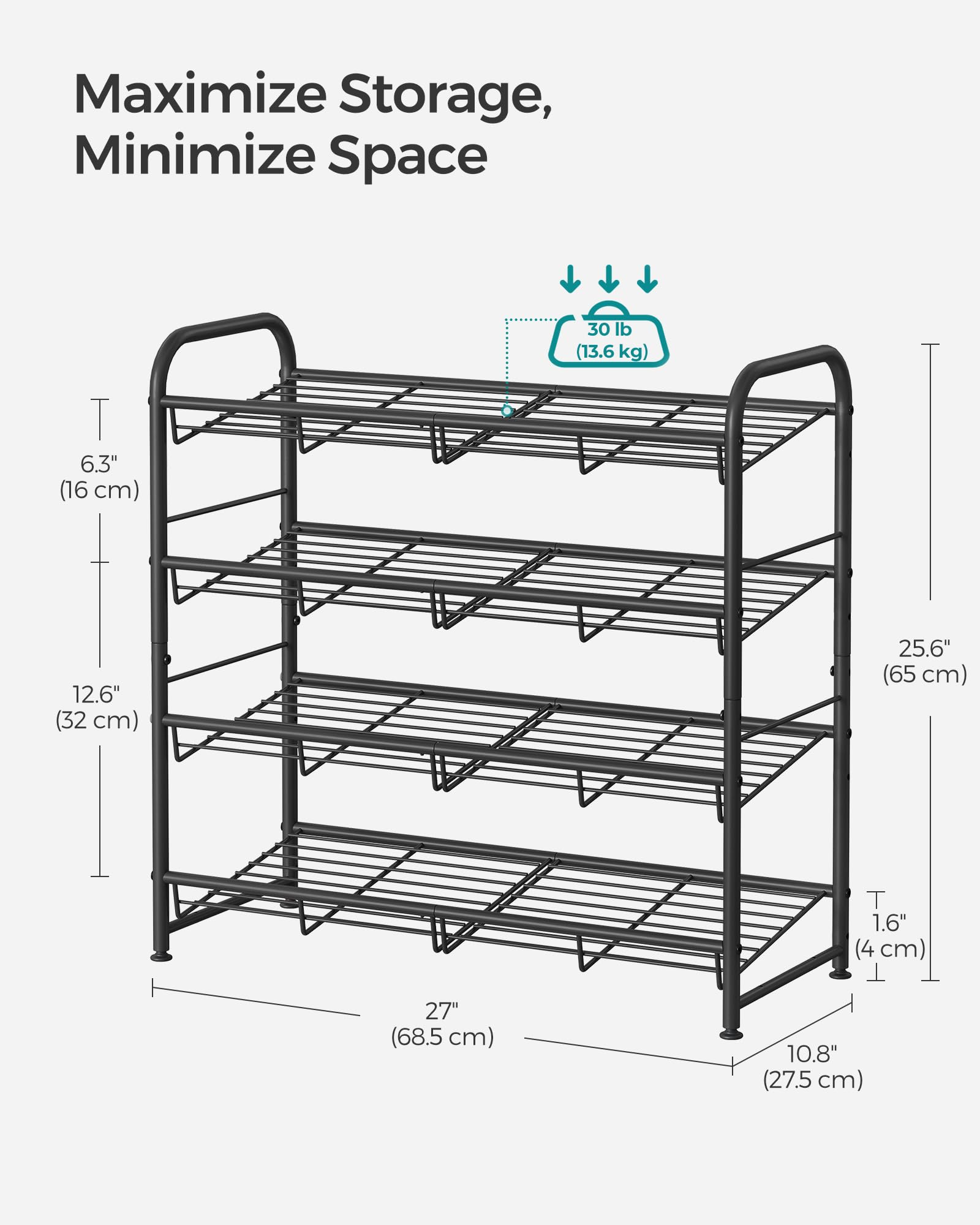 SONGMICS Stackable Shoe Rack, 4 Tier Metal Shoes Rack Storage Shelf, Holds up to 16 Pairs Shoes