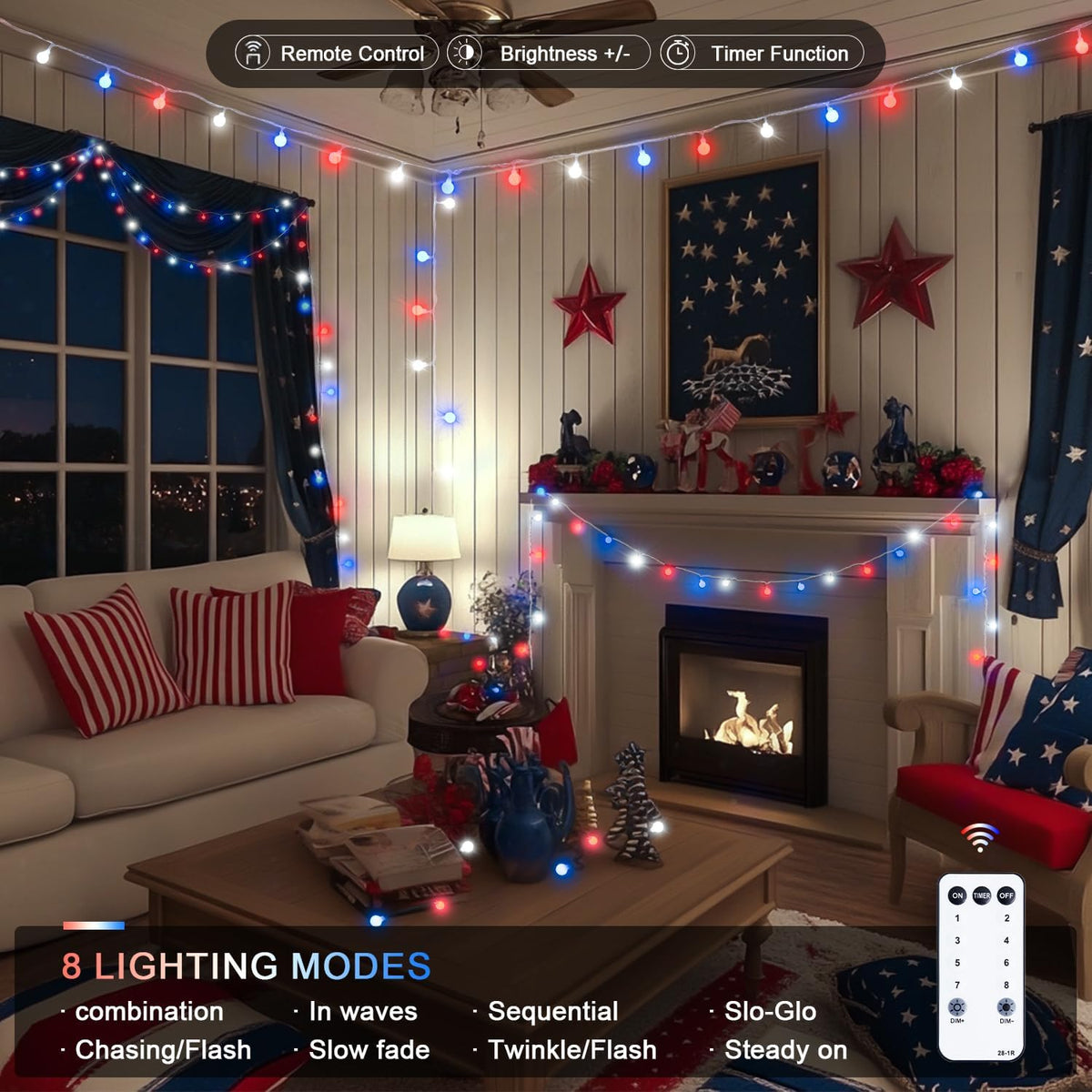 JMEXSUSS Connectable Red White and Blue Lights Indoor Outdoor, 100 LED 33ft 4th of July Decorations