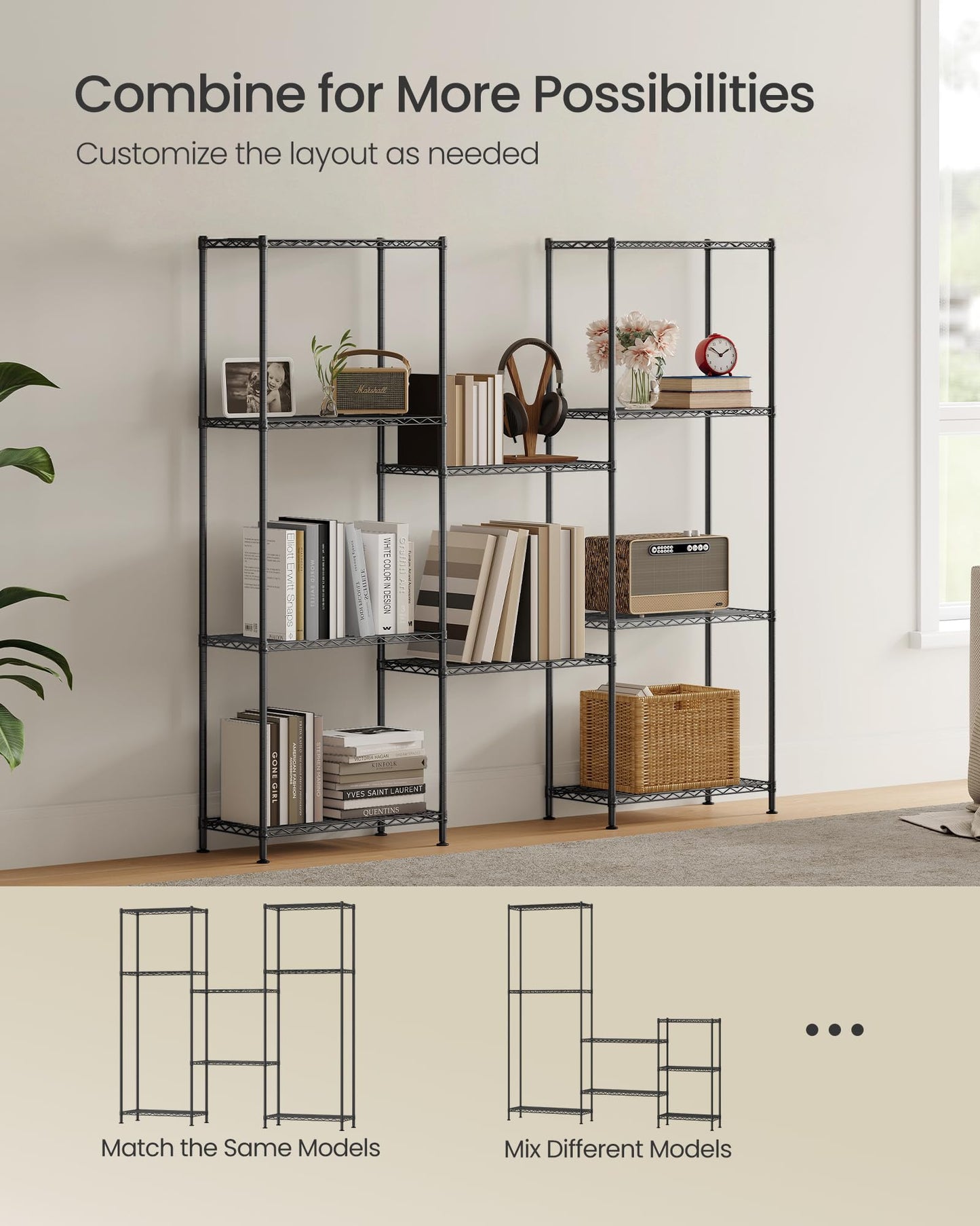 SONGMICS Storage Shelf, Metal Wire Shelving Unit, Adjustable Shelves, for Garage, Bedroom, Living