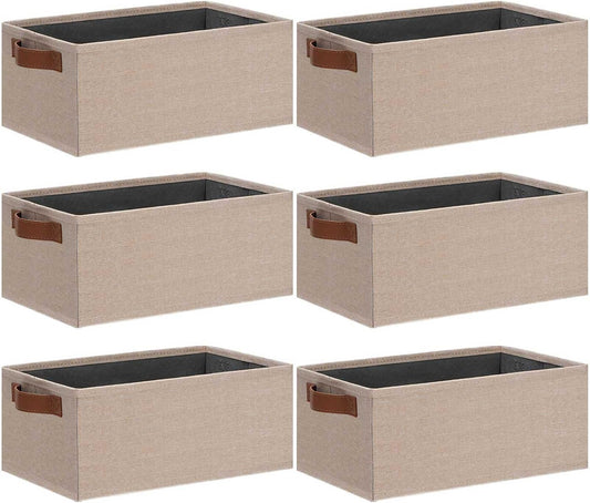 GhvyenntteS Small Fabric Storage Bins 6 Pack, 11.8" x 7.87" x 5.11" Storage Basket with Leather
