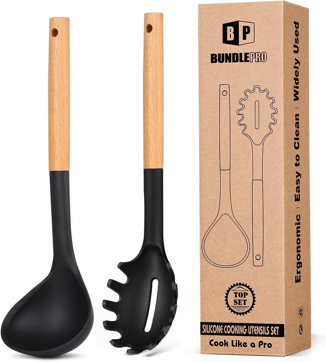 Silicone Pasta Fork and Ladle Spoon Set with Wooden Handle, Heat Resistant Non Stick Kitchen