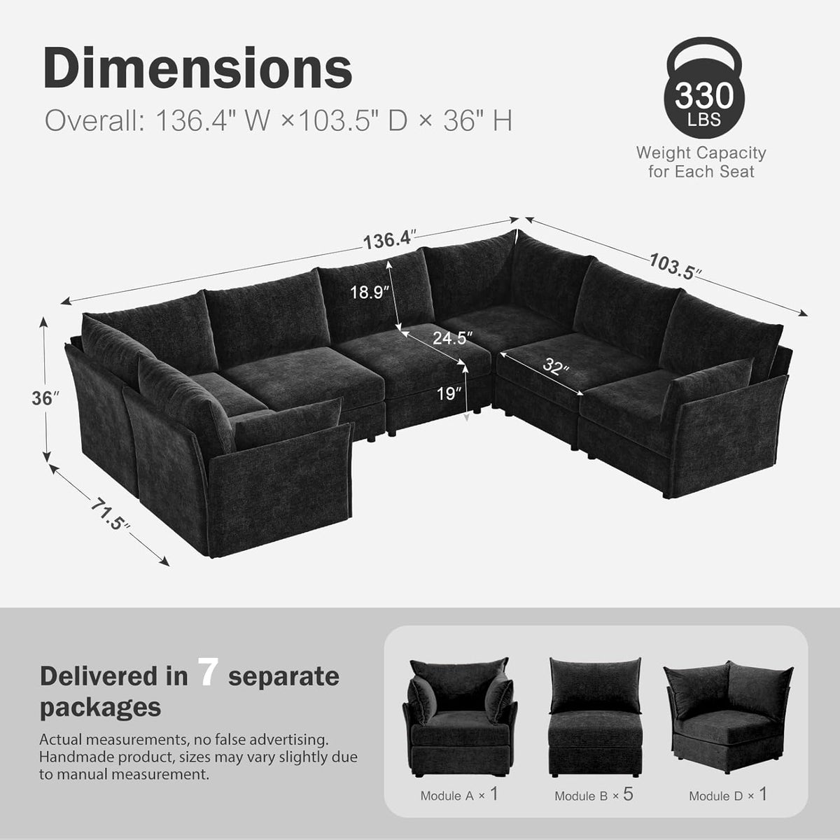 136.4" Oversized Modular Sectional Sofa, U Shaped Convertible Couch with Movable Ottoman, Large 7