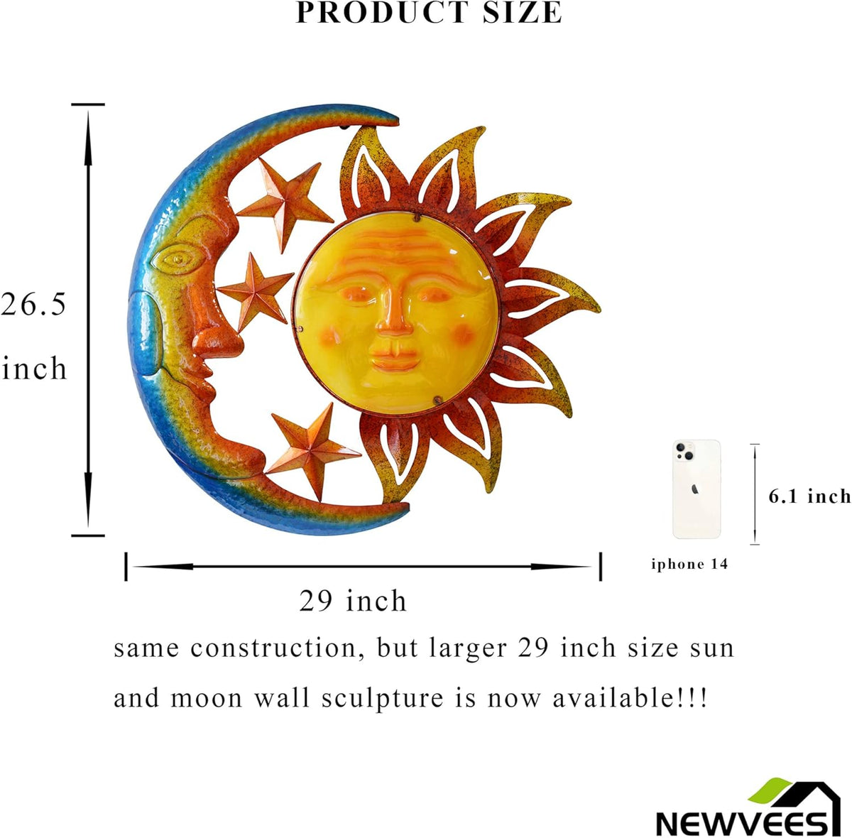 Metal Larger Size 29 Inch Sun Outdoor Wall Art Decor with Moon & Stars,Hanging for Indoor Outdoor