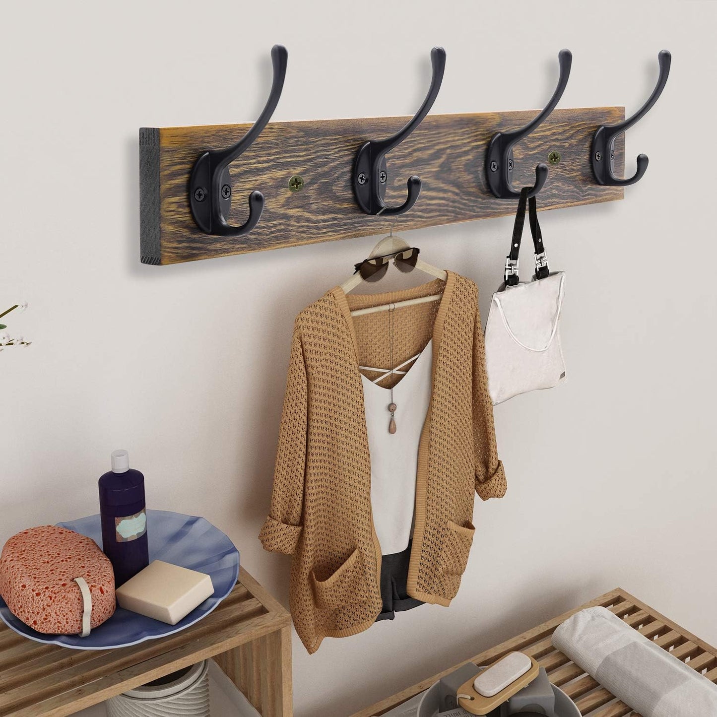 IBosins Wall Mounted Coat Rack, Entryway Hanging , Metal Wood Rack with 4 Black Literary Rustic