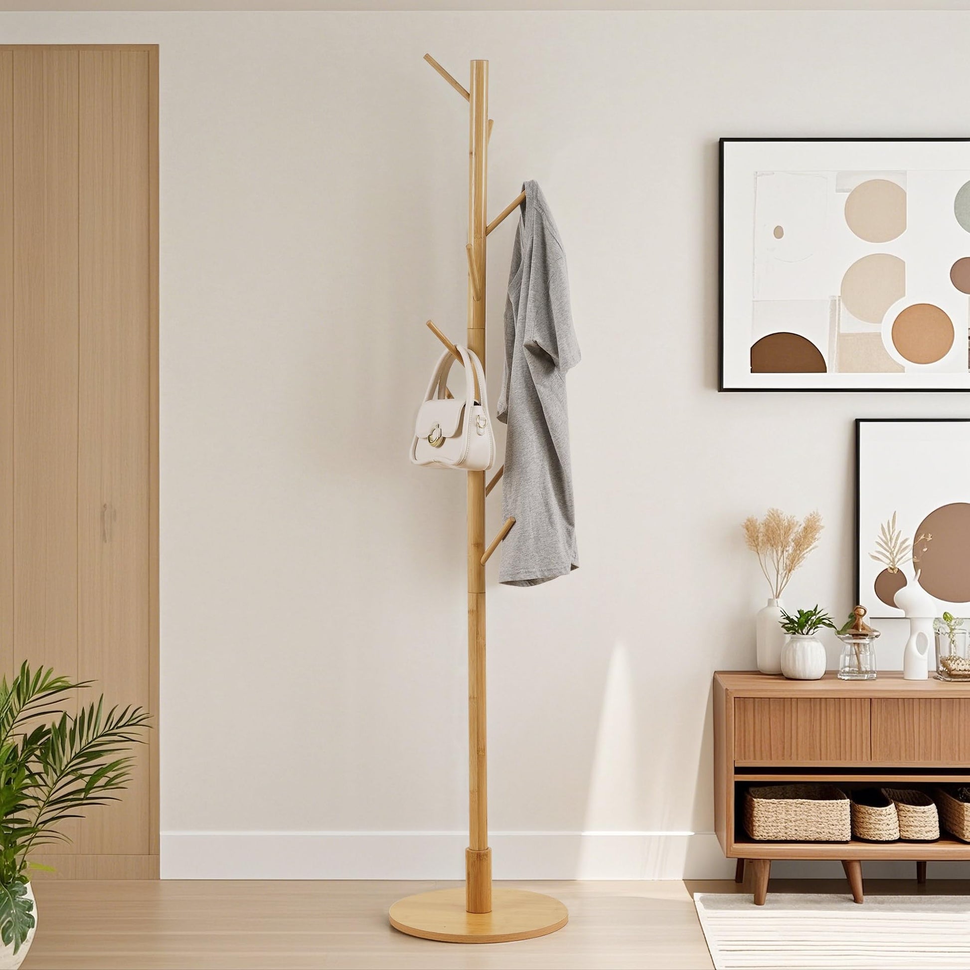 VECELO Coat Rack Freestanding, Entryway Hanger Stand, Umbrella Holder, Hall Tree With Hooks, Floor