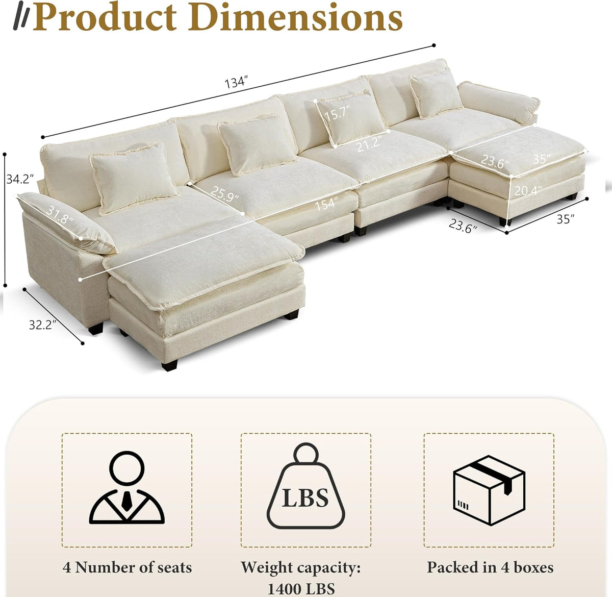 URRED Modular Sectional Sofa Comfy Cloud Couch, Modern Chenille Sofa Sleeper Deep Seat Couches with