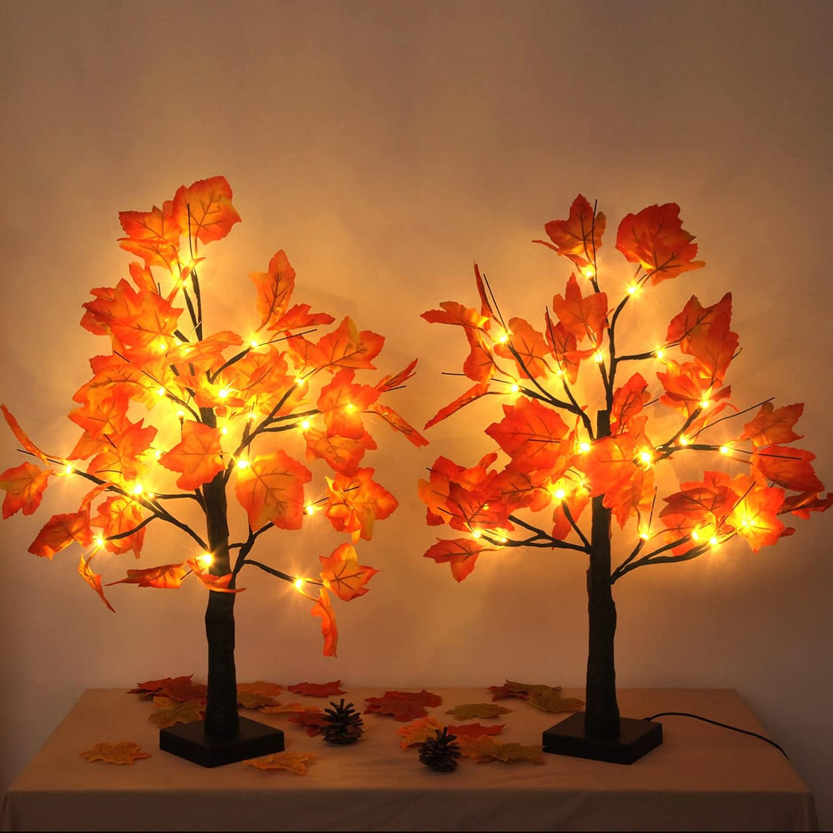 2 Pack Fall Lighted Maple Tree 48 LED Lights Thanksgiving Decoration Artificial Tree Lights 20 inch