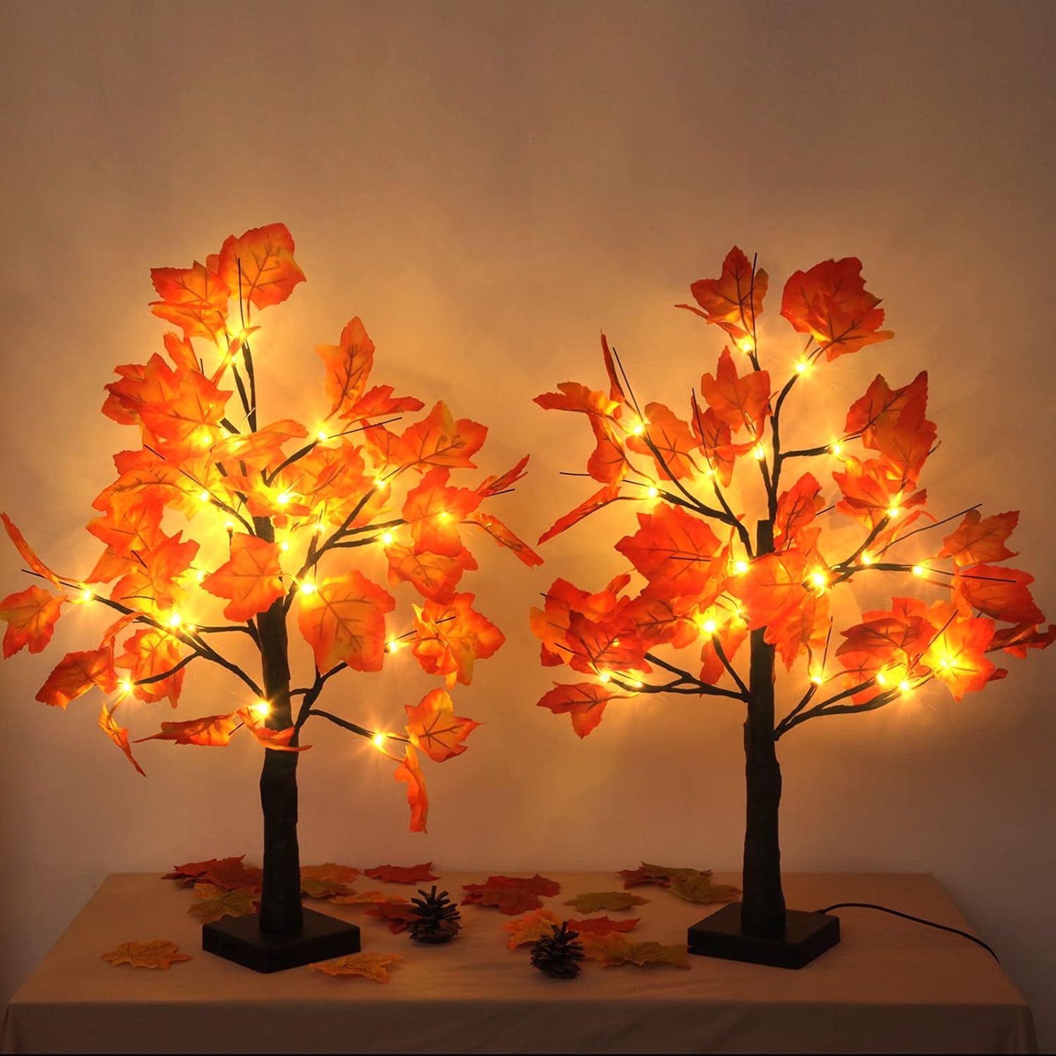 2 Pack Fall Lighted Maple Tree 48 LED Lights Thanksgiving Decoration Artificial Tree Lights 20 inch