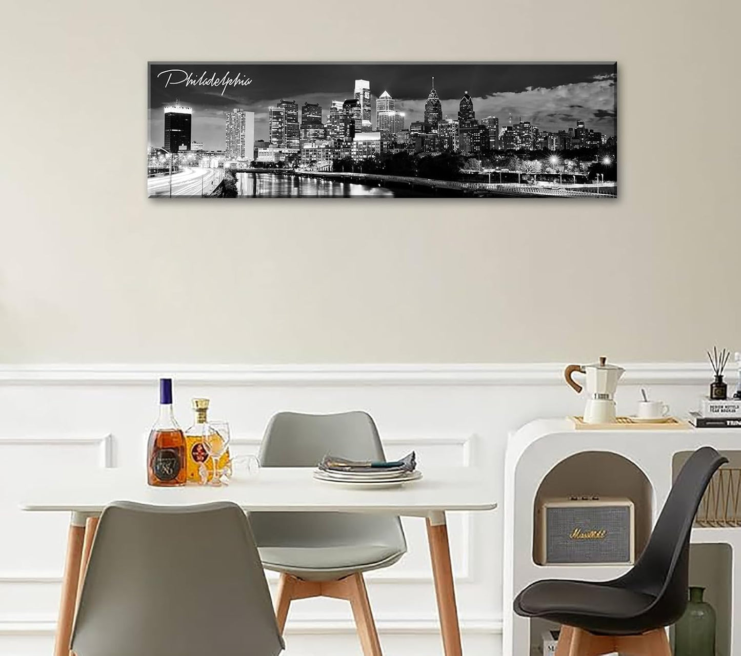 DJSYLIFE Philadelphia Skyline Canvas Art - 13.8"x47.3" Black & White Cityscape Wall Decor, Modern
