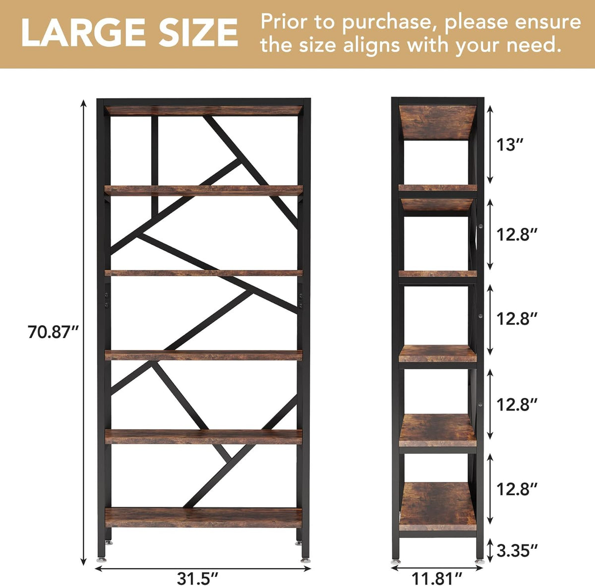 Tribesigns 71 Inch Industrial Bookshelf, 6 Shelf Etagere Bookcase, Free Standing Open Book Shelves