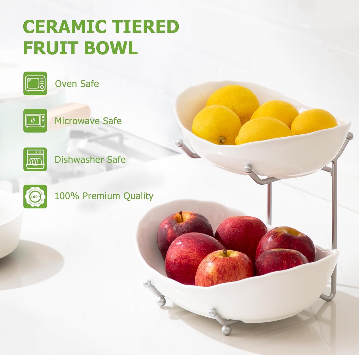 HBlife Fruit Bowl for Kitchen Counter - 2 Tier Ceramic Fruit Bowl with Metal Stand, Tiered Fruit