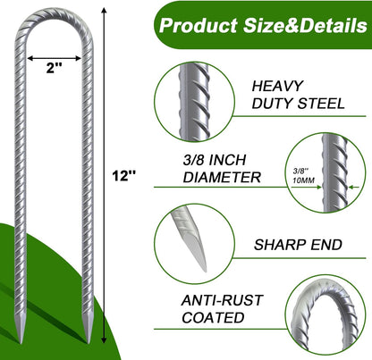 AAGUT 12 Inch Trampoline Stakes 6 Pack 3/8" U Shaped Rebar Ground Anchors Heavy Duty High Winds
