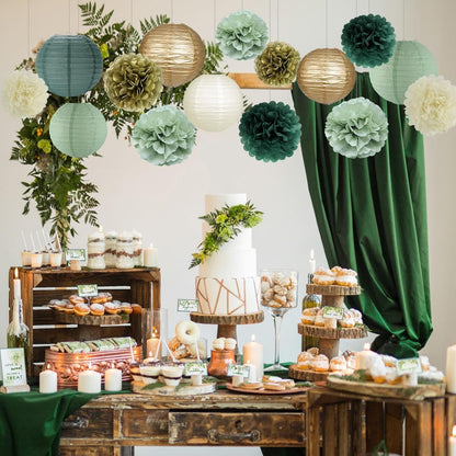 zilue Sage Green Party Decorations, Sage Green Paper Lanterns and Pom Poms Flowers for Birthday
