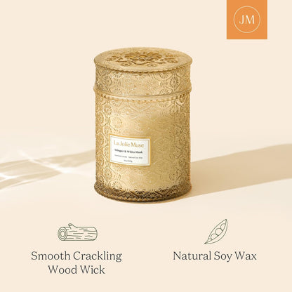 LA JOLIE MUSE Fall Candle | Ginger & White Musk Candle – Ginger, Lemongrass & Musk | 19 oz Wooden