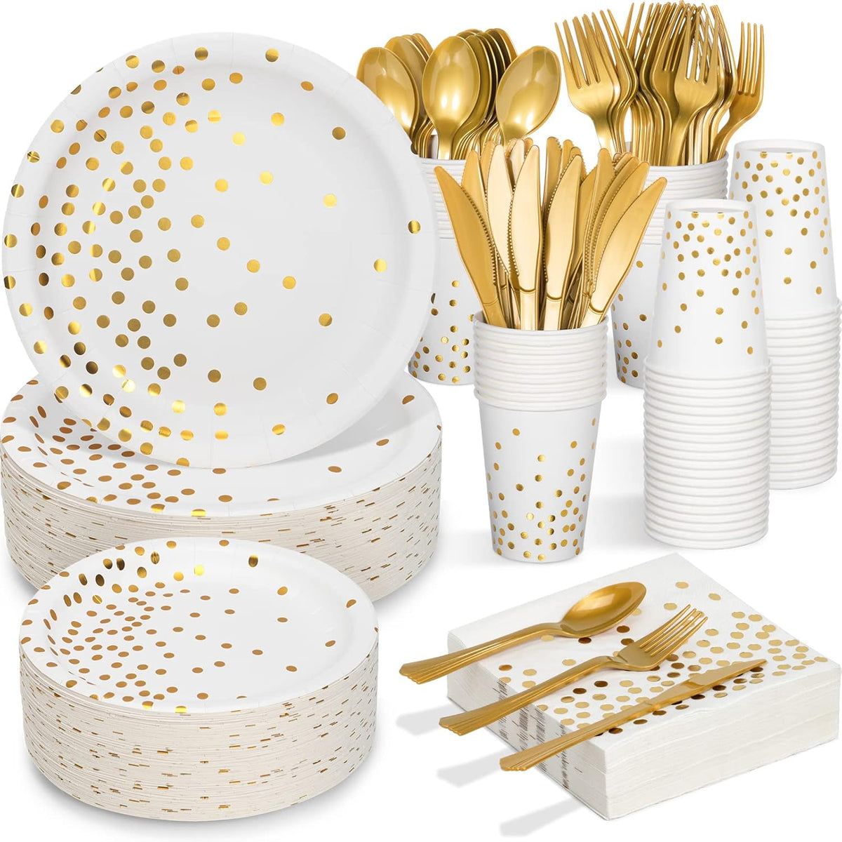 White and Gold Party Supplies, 350PCS Disposable Dinnerware Set w/White Paper Plates Napkin Cups