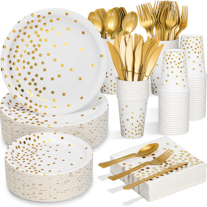 White and Gold Party Supplies, 350PCS Disposable Dinnerware Set w/White Paper Plates Napkin Cups