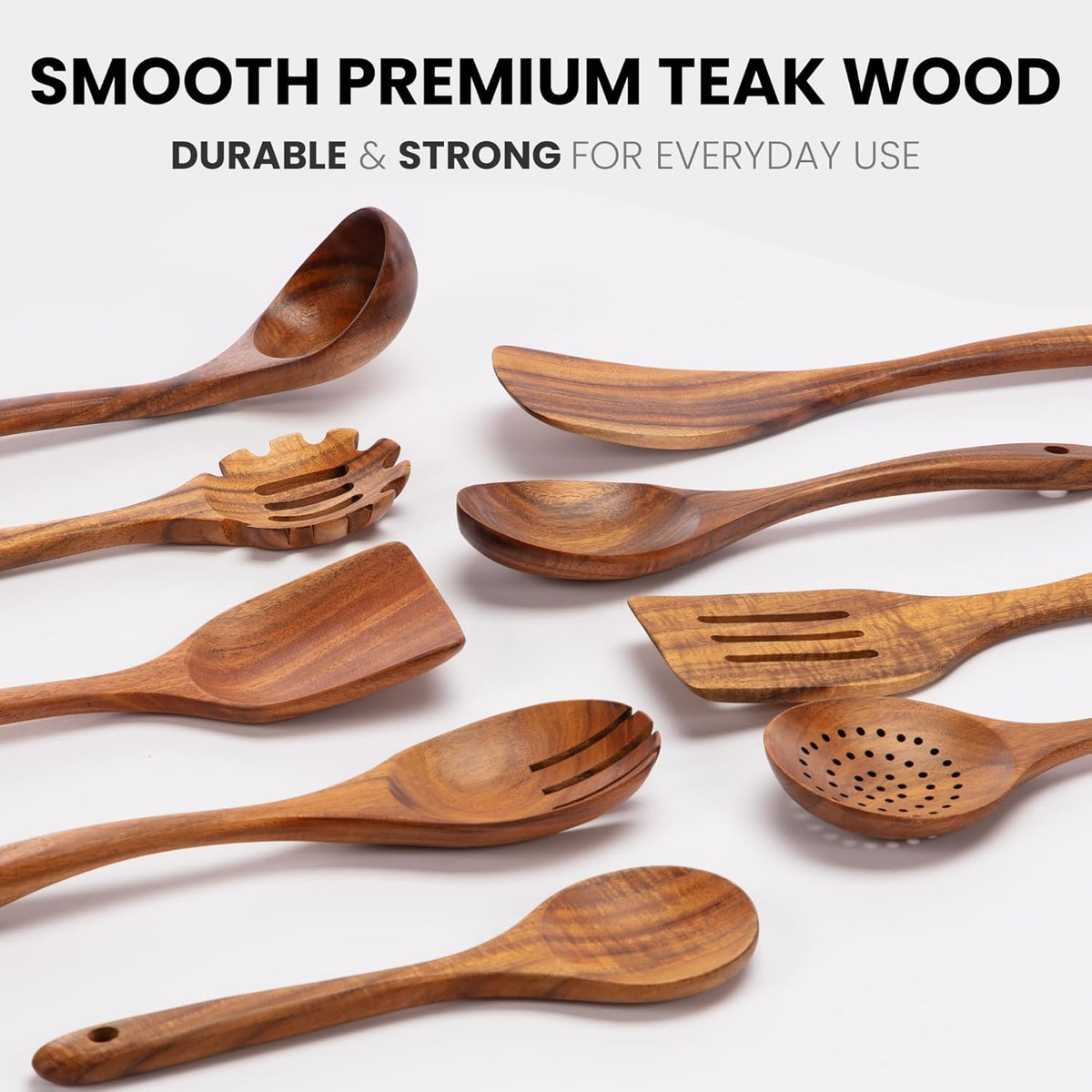 Zulay Kitchen 9-Piece Teak Wooden Utensils for Cooking - Natural Teak Utensil Set with Premium Gift