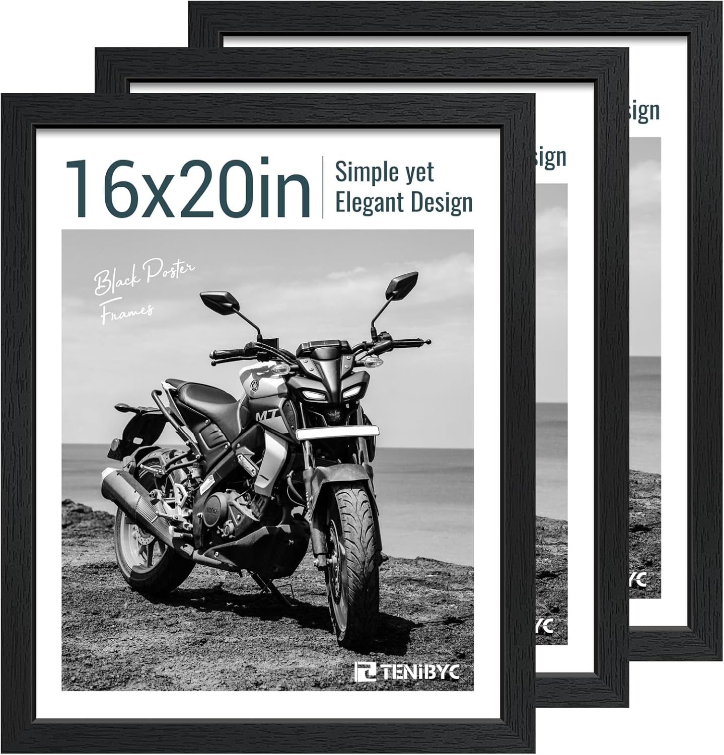 16x20 Picture Frame Set of 3 - Black Woodgrain, Solid Wood, HD Tempered Glass, Wall Gallery Poster