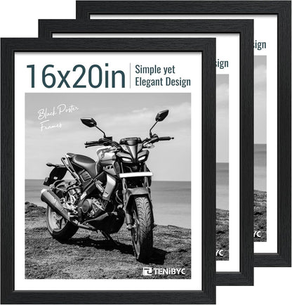 16x20 Picture Frame Set of 3 - Black Woodgrain, Solid Wood, HD Tempered Glass, Wall Gallery Poster