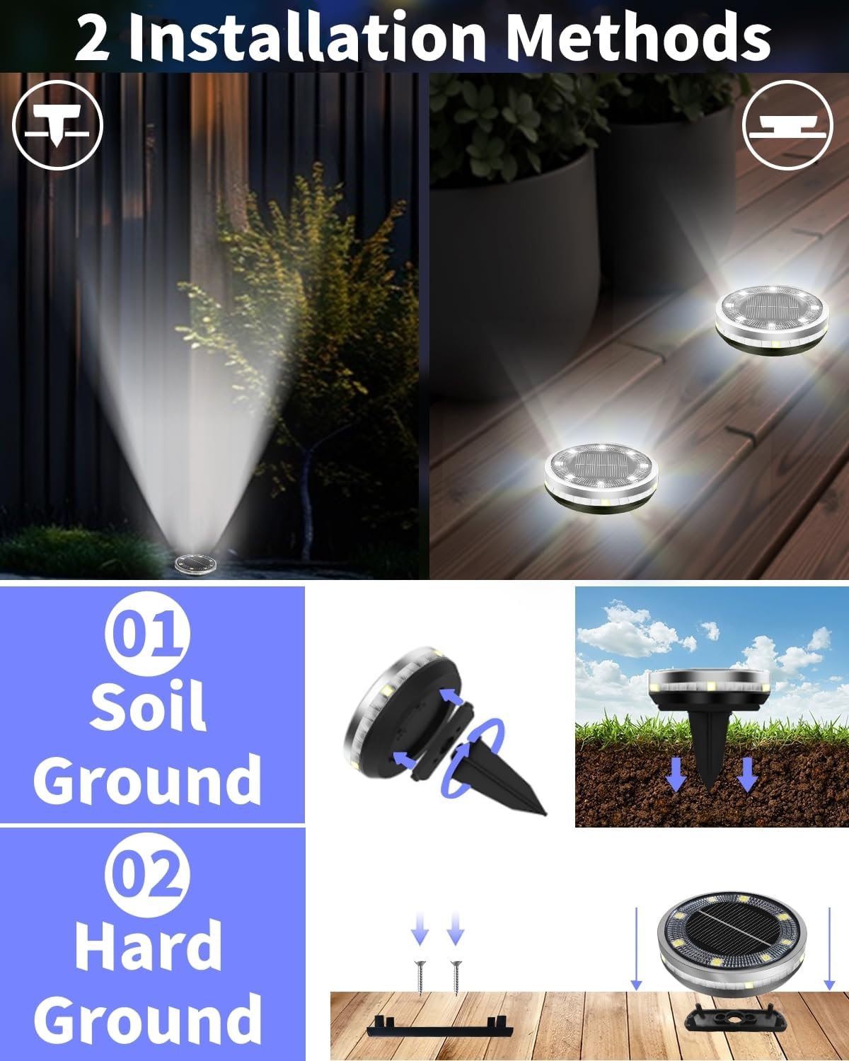 Solar Ground Lights Outdoor 2 Pack Waterproof, Upgraded Solar Garden Lights with 4 Side Light