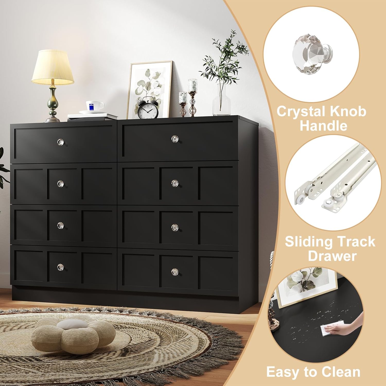 Wood Dresser for Bedroom 8 Drawer: 47" Black Chest of Drawers Wood, Modern Fluted Cabinet with