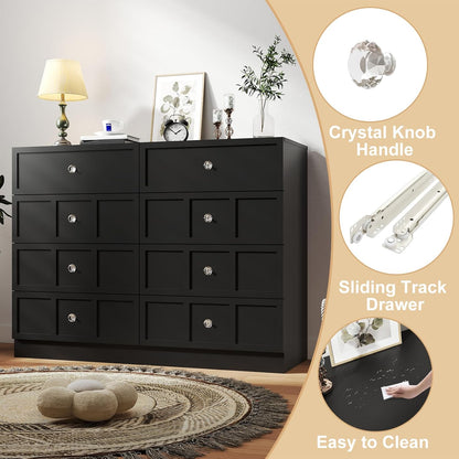 Wood Dresser for Bedroom 8 Drawer: 47" Black Chest of Drawers Wood, Modern Fluted Cabinet with