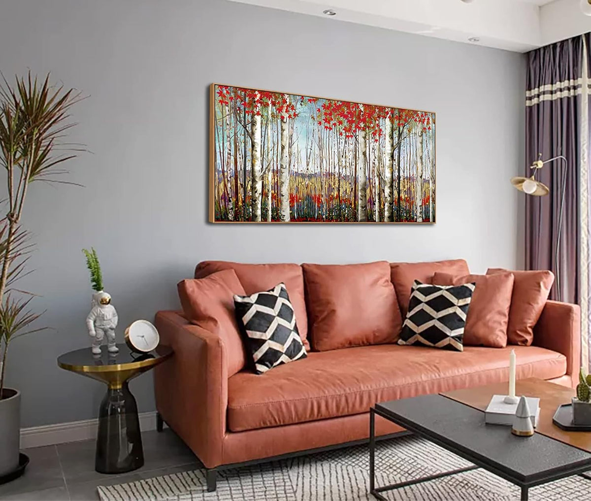 Large Framed Wall Art for Living Room Birch Tree Wall Decor Red Forest Painting Artwork Wall