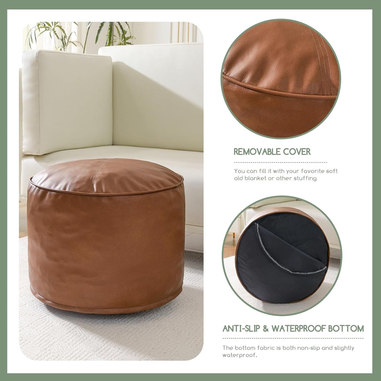 HIGOGOGO Round Stuffed Pouf Ottoman, Pu Leather Poufs with Foam Chunk Filling, Furry and Fluffy