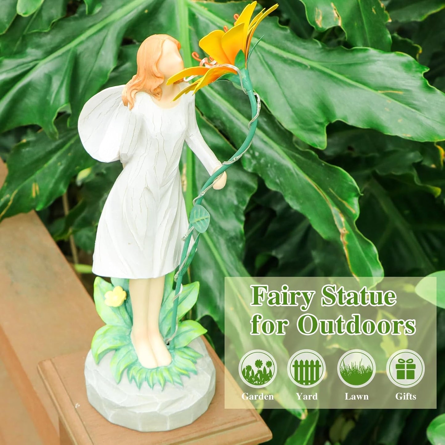 Fairy Garden Statue Outdoor Decor, Solar Powered Garden Sculptures Fairy Resin Statues Waterproof