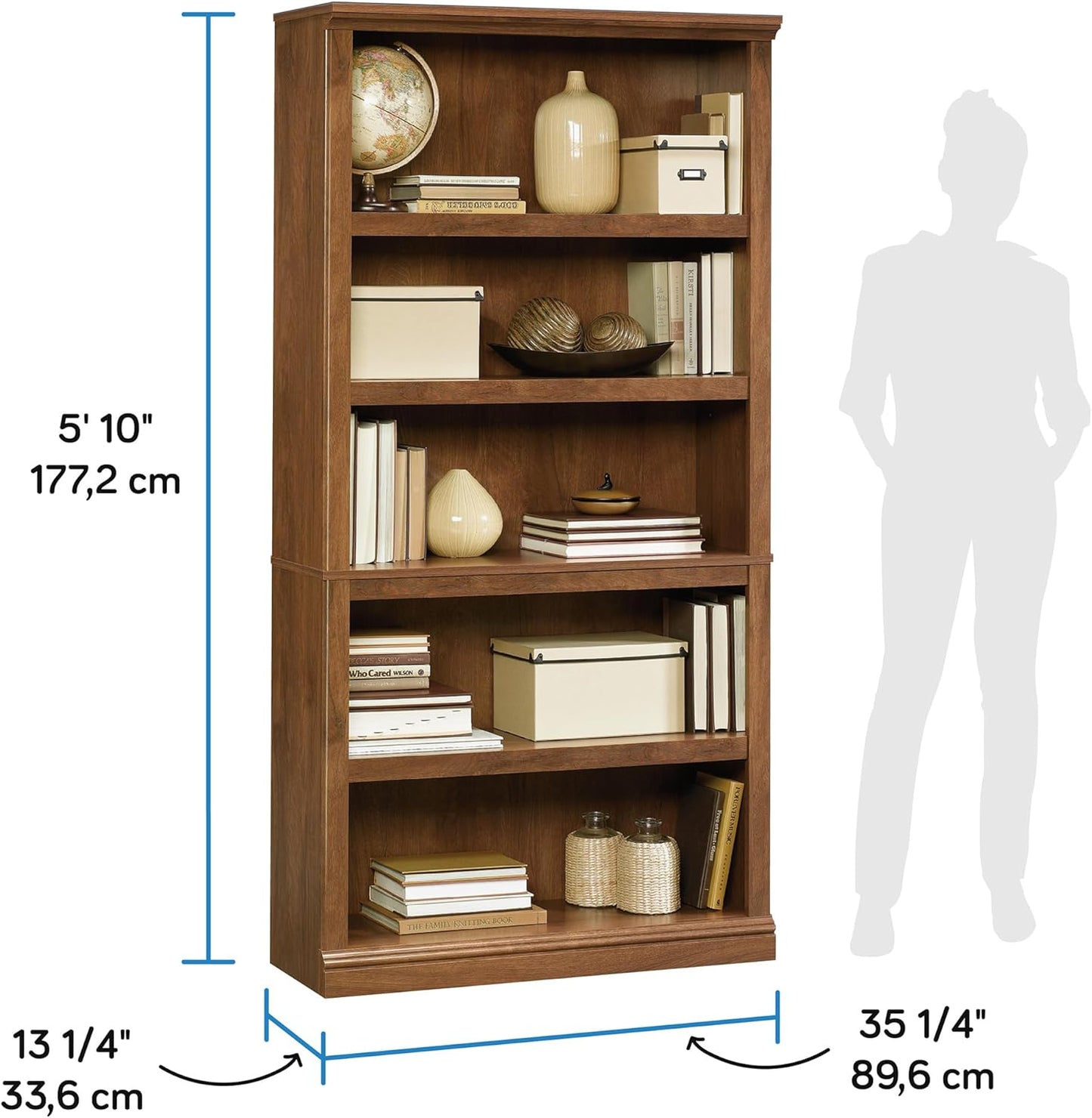 Sauder Miscellaneous Storage 5 Split Bookcase/Book Shelf, L: 35.28" x W: 13.23" x H: 69.76", Oiled