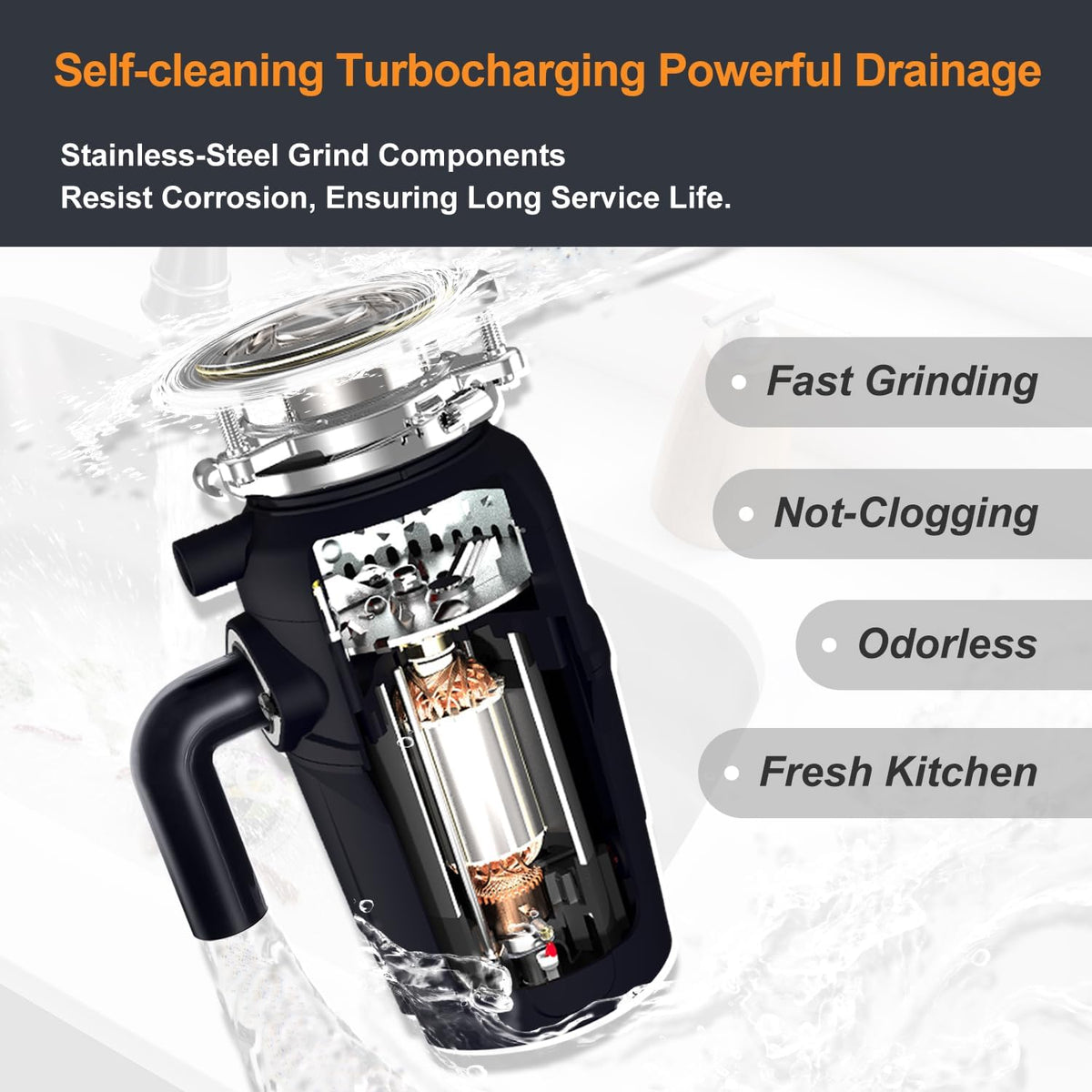 A600 Garbage Disposal 3/4 HP for Kitchen Sink, Food Waste Disposer Fast Continuous Feed Stainless