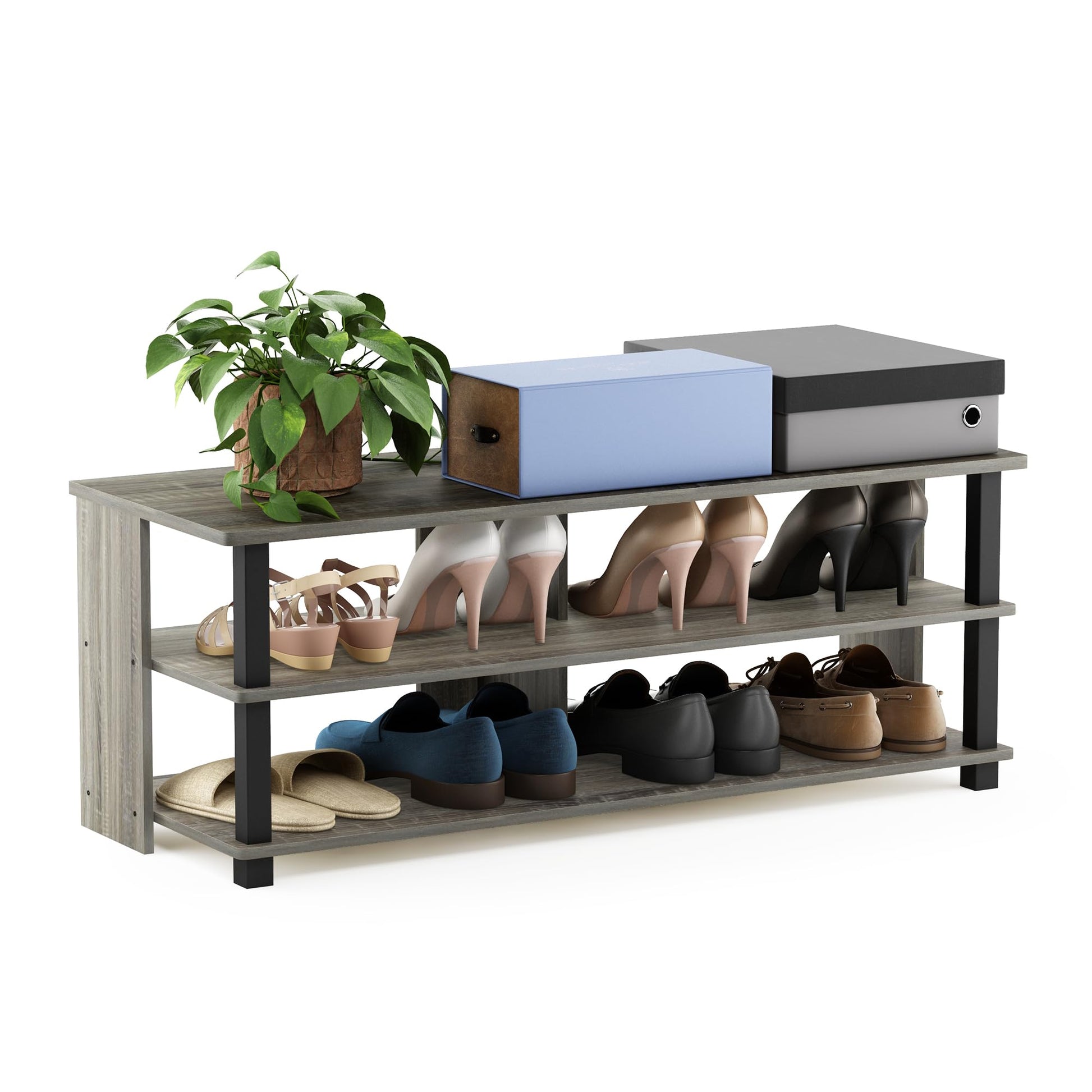 Furinno Turn-N-Tube Shoe Rack, 3-Tier Shoe Organizer, Compact Shoe Storage with Open Shelves, 15.5