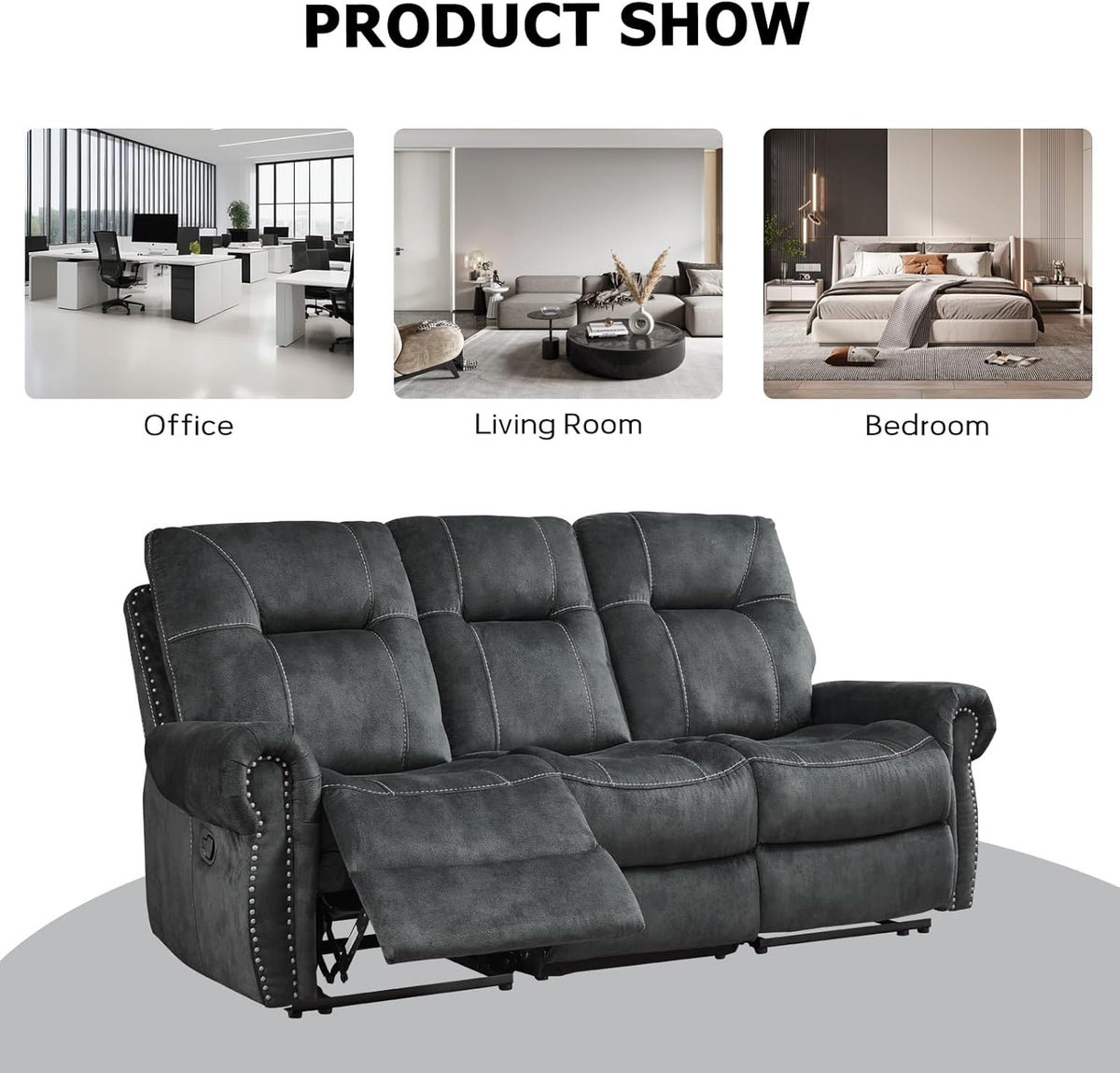 EBELLO Manual Recliner 3 Seat Sofa Couch, Soft Fabric 3 Seater Reclining Couch Chair, Vintage Rivet