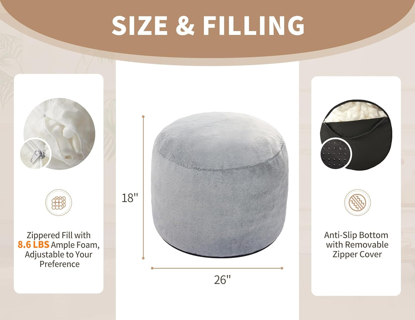 Boho Ottoman Living Room Furniture 26"x18" Large Round Ottomans Pouf Couch Foot Rest Grey Pouf